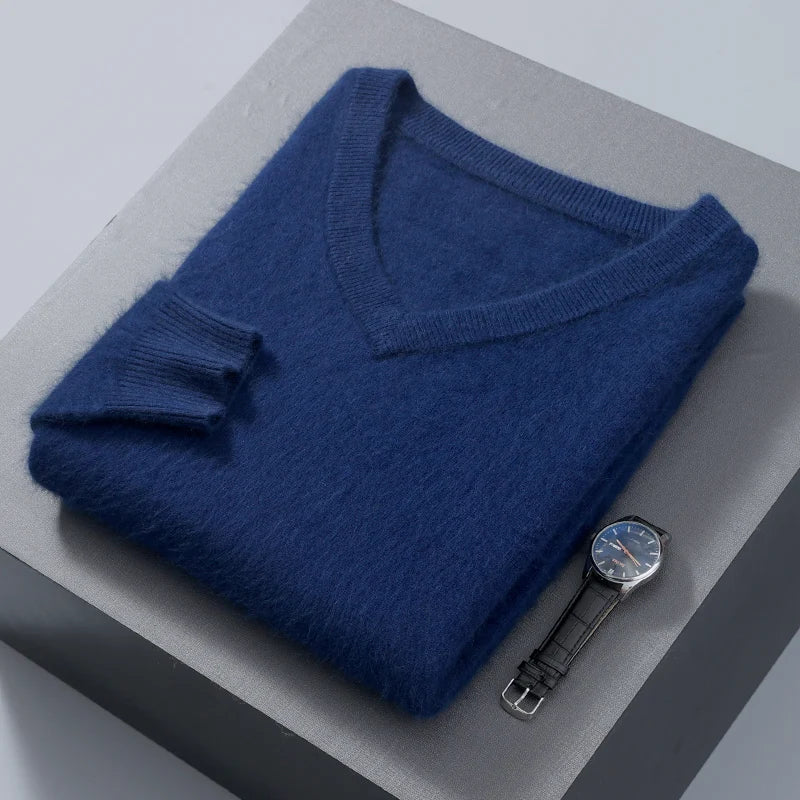 Men's 100% Pure Mink Cashmere Sweater V-neck Pullover Knit Bottoming Shirt Autumn And Winter New Long-Sleeve High-End Mink Tops