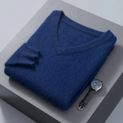 Men's 100% Pure Mink Cashmere Sweater V-neck Pullover Knit Bottoming Shirt Autumn And Winter New Long-Sleeve High-End Mink Tops