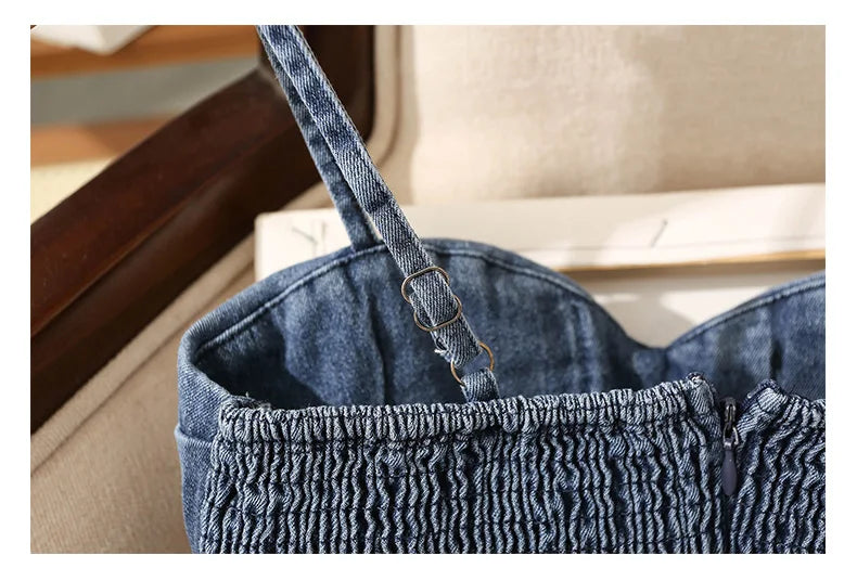 Irregular Halter Neck Denim Crop Top Women Summer Outdoor Wear with Chest Pad Slimming Sexy Girl Shirt Short Length Zipper