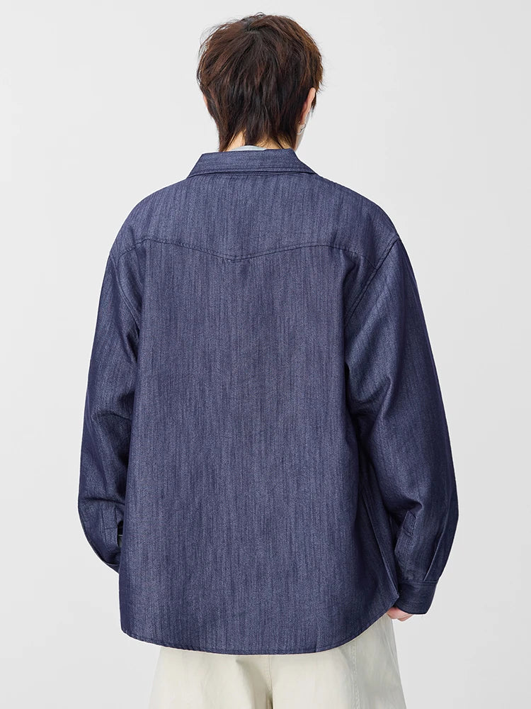 Men's Denim Shirts with 2 Chest Pockets Korean Fashion Long Sleeve Casual Shirt Workwear Retro Tops