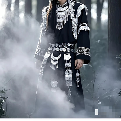 New Men's Ethnic Miao Ethnicity Clothing Set Photography Portrait Photography Long Sleeve Loose Fit round Neck Single Button