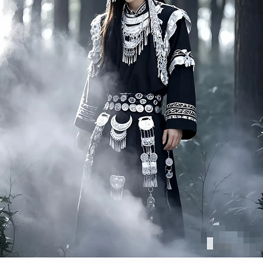 New Men's Ethnic Miao Ethnicity Clothing Set Photography Portrait Photography Long Sleeve Loose Fit round Neck Single Button