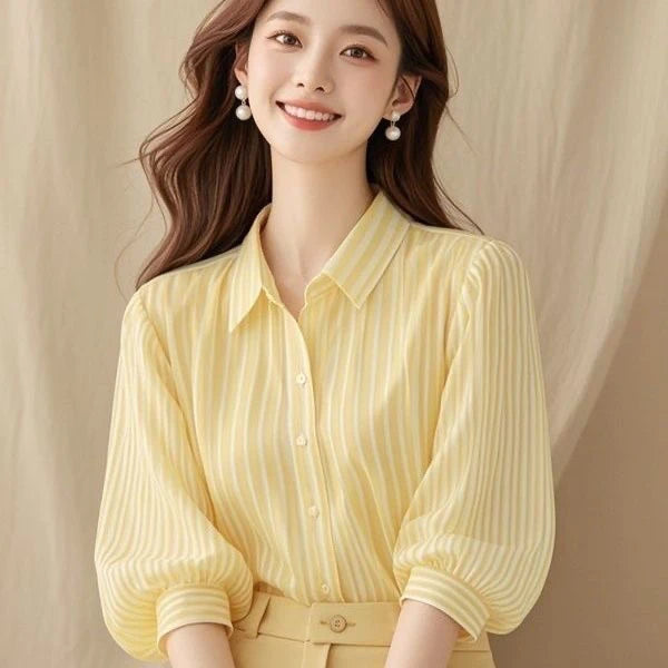 Elegant  Collar Striped Shirt Women's Summer 2025 New Style Lantern Sleeve Commute Top Trendy Loose Fit Seven Sleeve