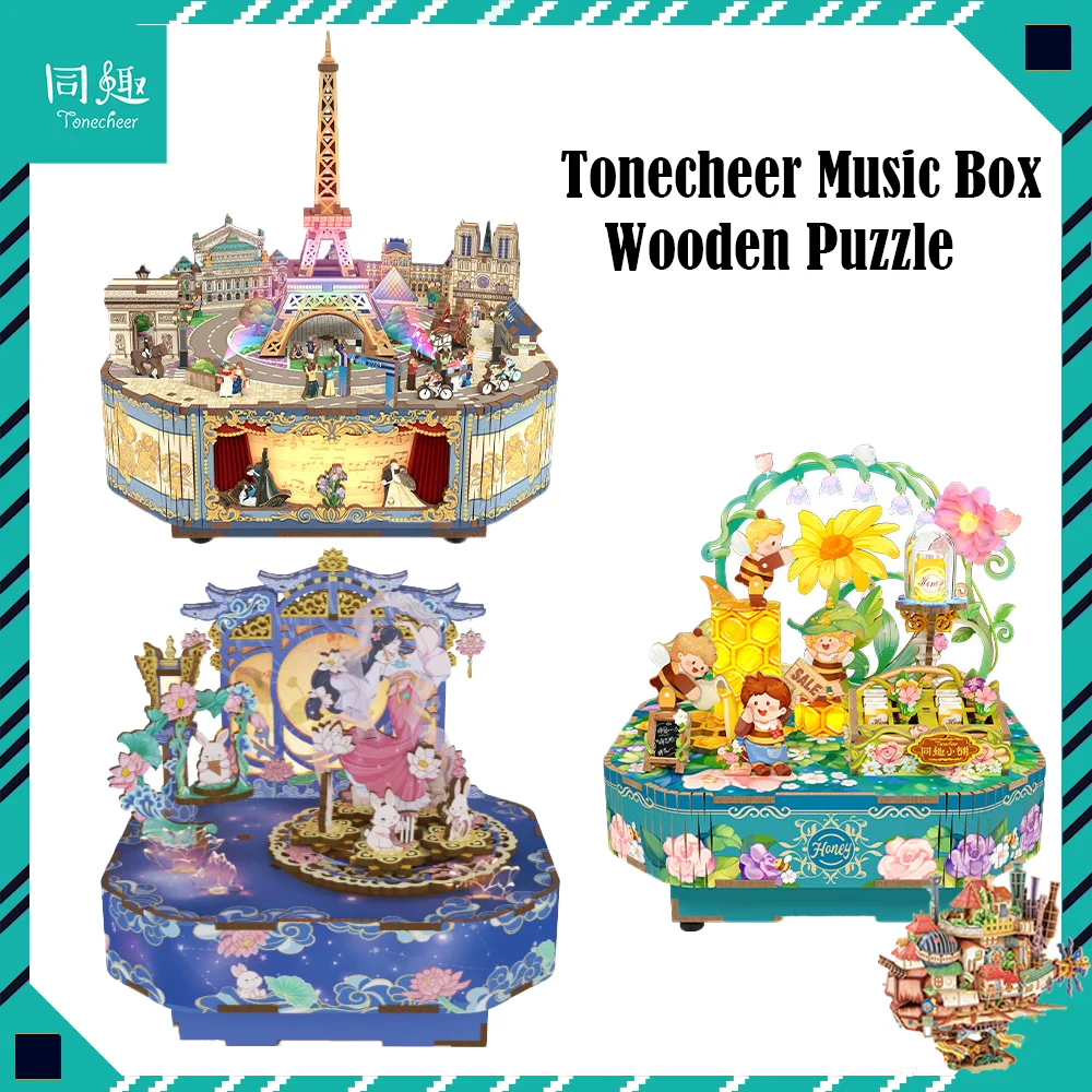 Tonecheer Dancing on The Clouds Music Box Wooden Puzzle Building Blocks Diorama Model Kit 3D Wooden Toy Dollhouse Decoration