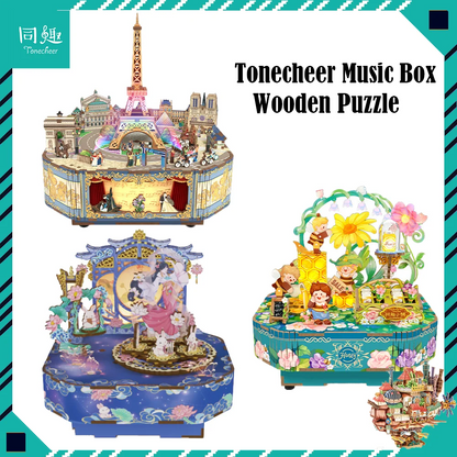 Tonecheer Dancing on The Clouds Music Box Wooden Puzzle Building Blocks Diorama Model Kit 3D Wooden Toy Dollhouse Decoration
