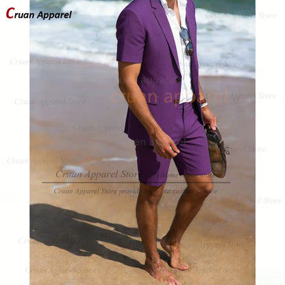 Purple Suit Sets For Men Wedding Banquet Groomsman Custom Slim Fit Blazer Shorts 2 Pieces Summer Beach Holiday Fashion Outfits