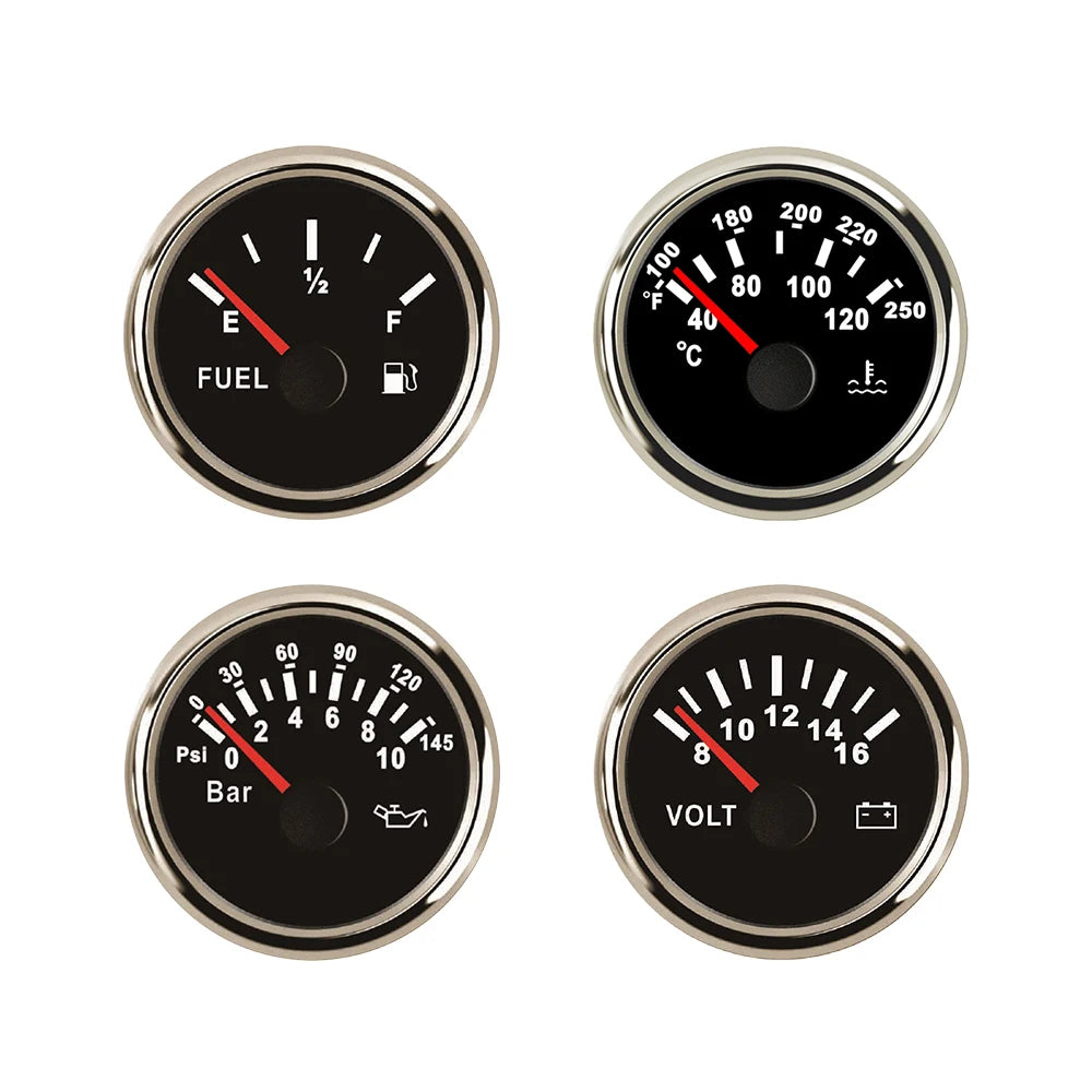 Universal 4 Gauge Set 52mm Water Temp Oil Pressure Fuel Level 0-190 240-33 ohm Meter Voltmeter with Backlight for Car Boat 12V