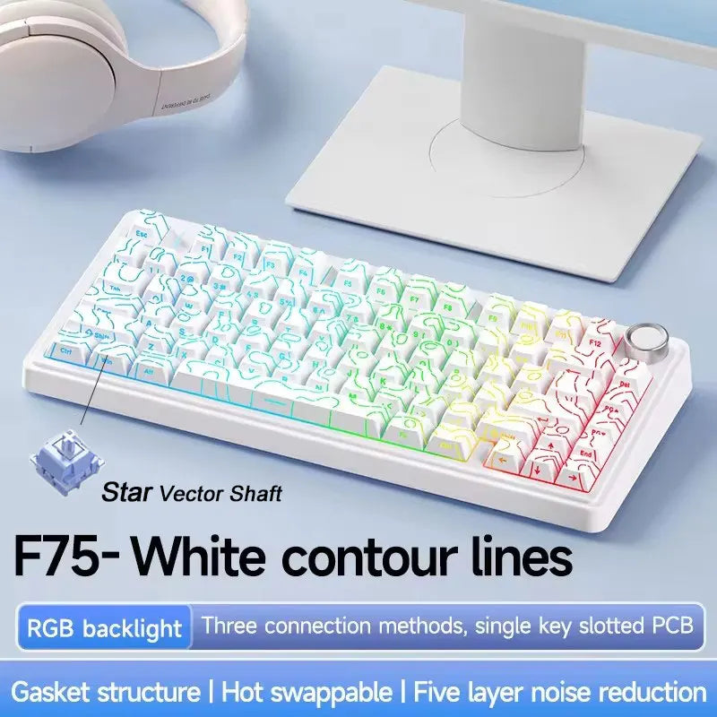 AULA Mechanical Keyboard F75 Three Modes Gaming Mechanical Keyboard Multi-function Knob Can Switch Between Game/Office Modes