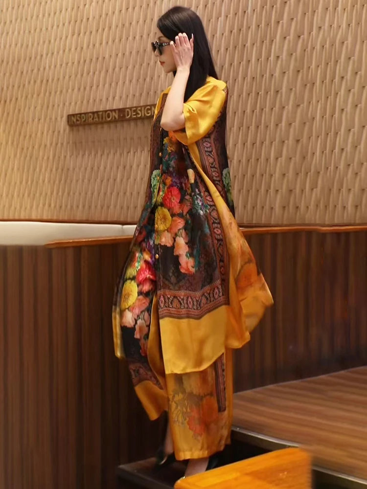 Retro Large Size Floral Print Open Cardigan Loose Wide Leg Pants Ele Faionable Two-Piece Set for Women over 35