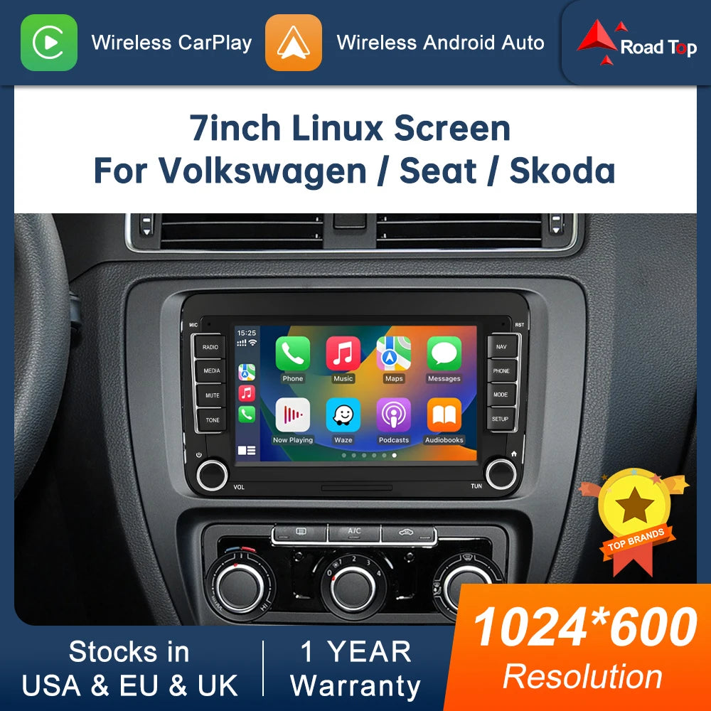 Road Top 7" HD Car Radio Wireless CarPlay Android Auto Stereo Audio For Volkswagen/Seat/Skoda/Passat/Golf/Polo Player