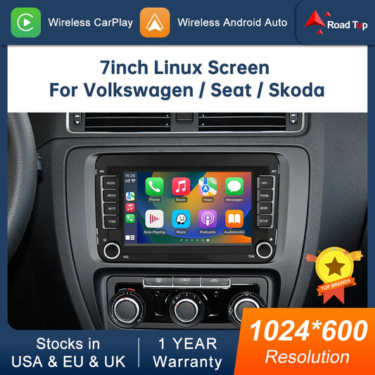 Road Top 7" HD Car Radio Wireless CarPlay Android Auto Stereo Audio For Volkswagen/Seat/Skoda/Passat/Golf/Polo Player