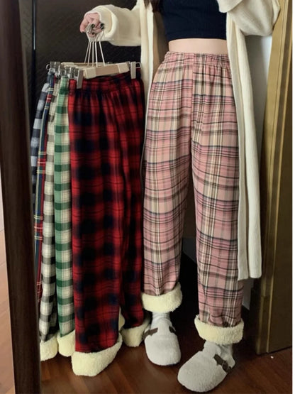 Lamb Velvet Fleece Lined Thick Plaid Casual Pants Women's Autumn Winter Loose Straight Leg Wide Leg Cotton Sleepwear Trousers