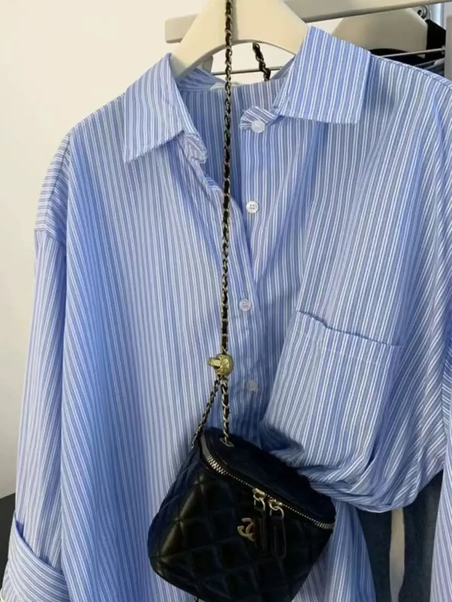 Retro Lazy Sle Blue Striped Women's Long Sve irt Spring Autumn Design Sense Small ence Outerwear Blouse