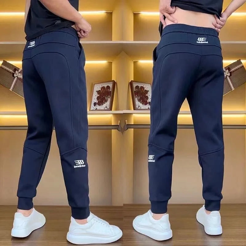 Men's Casual Trousers Autumn Winter Embroidered Fleece Lined Cuffed Thickened Sweatpants Fashionable Elastic Fashion