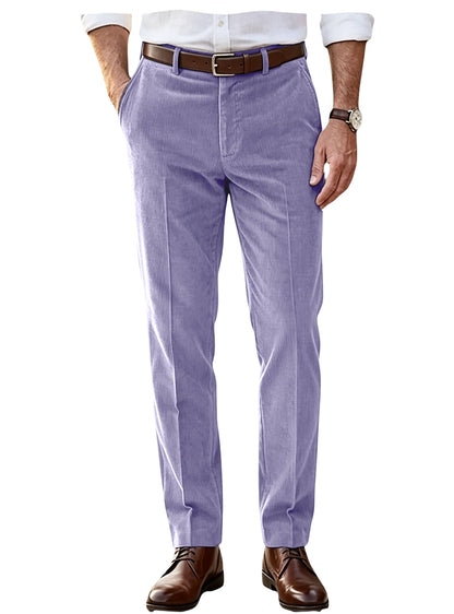 Men's Khaki Corduroy Pants Straight Leg Classic Fit Elastic Waist Comfort Wrinkle Resistant Formal Trousers For Business Office