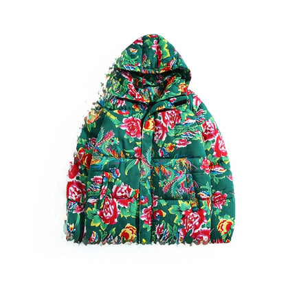 Thickened Long over Knee Hooded Fleece Lined Northeast Big Flower Coat Men's Cotton Jacket Youth Fashion Sport Scene Casual Coat