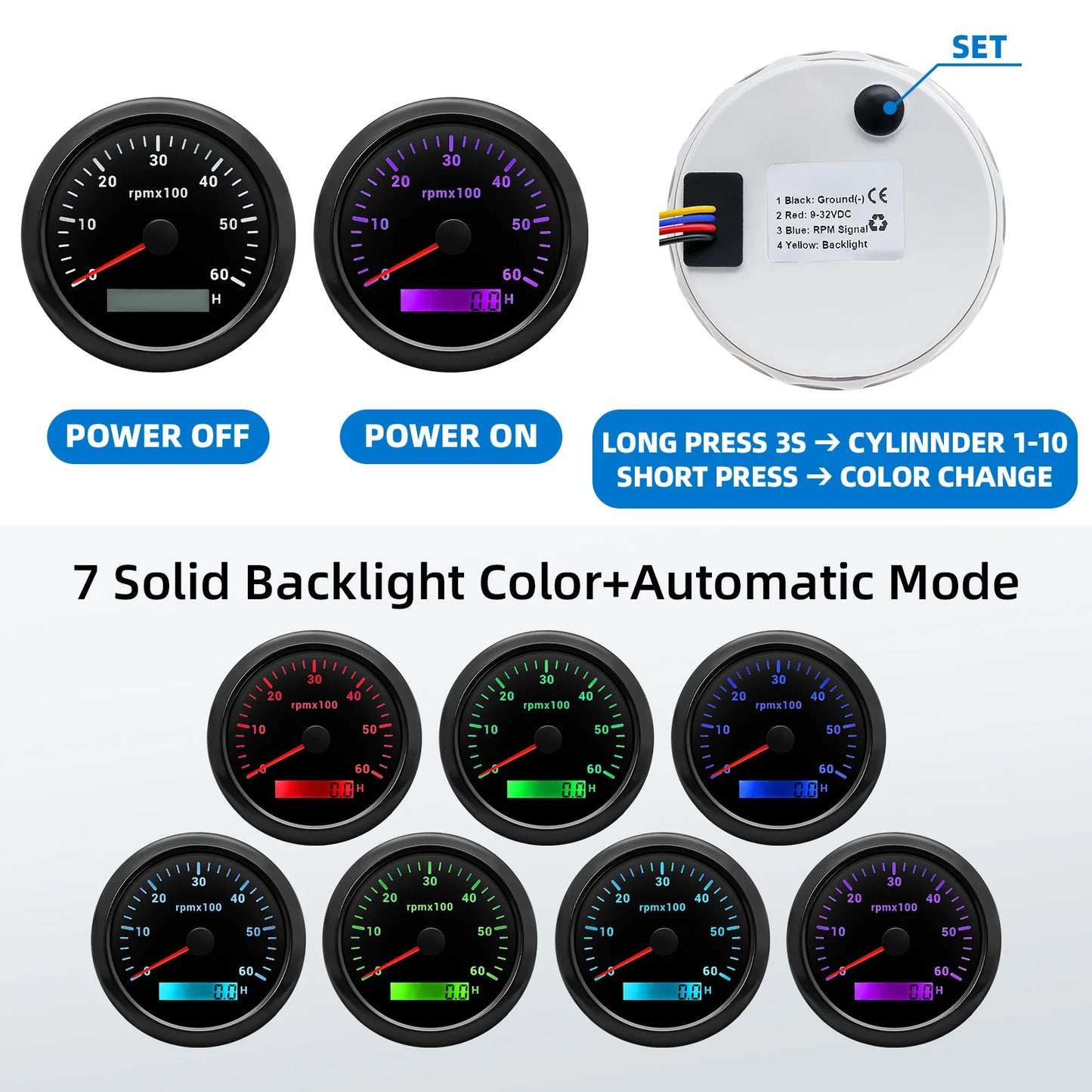 AD 85MM Tachometer with LCD Hour Meter For Marine Boat Car RPM Gauge 0-3000 4000 8000 RPM Meter Tach Sensor 7Colors Backlight