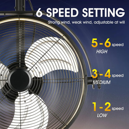 Modern Wall Fan Remote Control 6 Speed Electric Fan Ventilation Multi-Adjustable Oscillating Head Timer LED Ceiling Fan Light