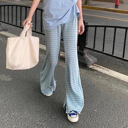 Summer Thin High Waist Casual Wide Leg Pants Women's Folded Texture Split Trousers Cool Korean Style Commute Polyester Cotton