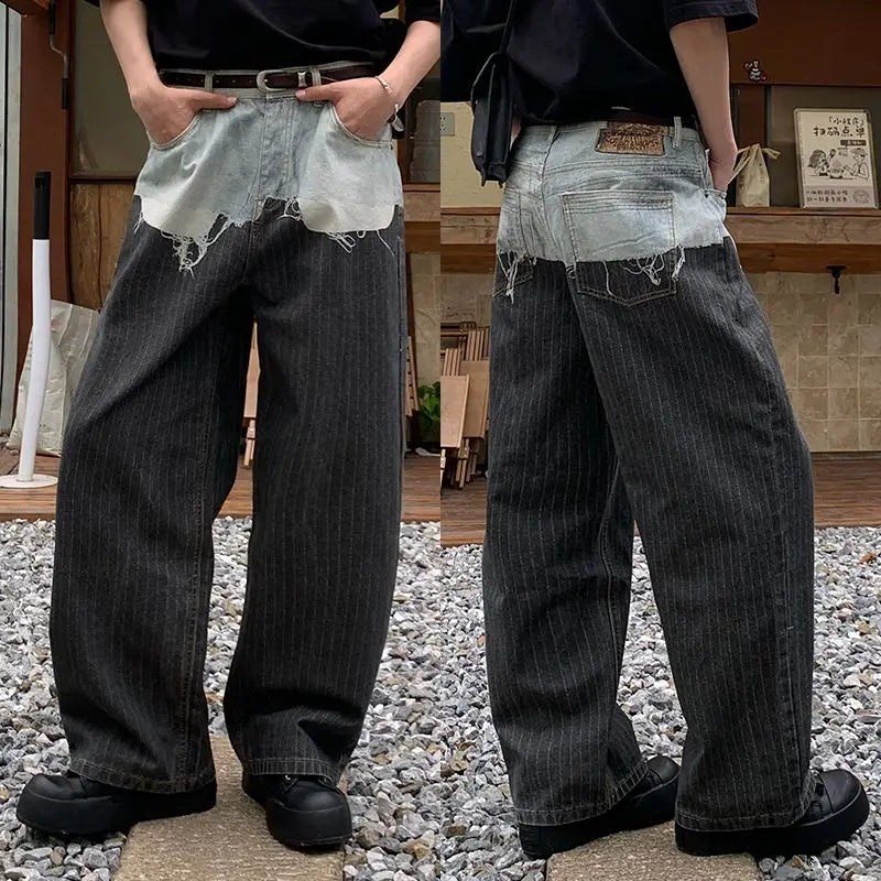 AC-style loose straight-leg jeans with patchwork, 3D printed fake two-piece jeans for men
