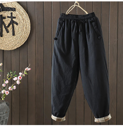 Retro  Color Cotton Filled Casual Loose Harem Pants Small Footed Trousers Winter Outerwear for Women plus Size