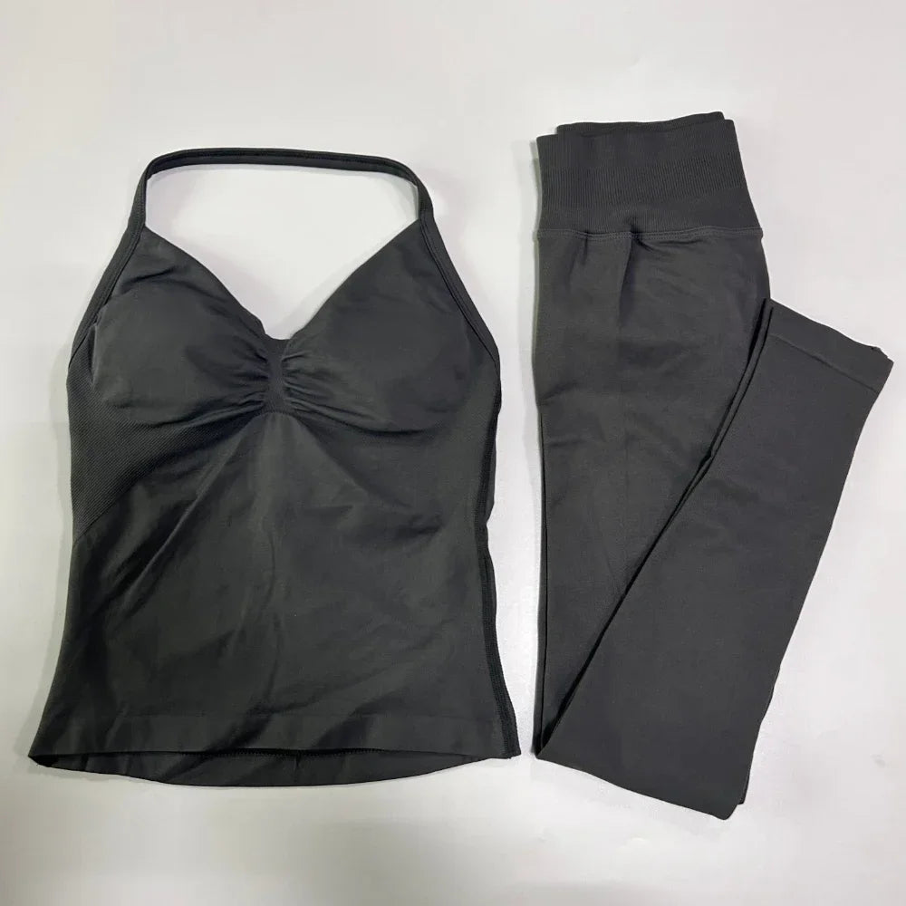 2 Pieces Sports Set Women Backless Tank Yoga Tops High Waist Scrunch Seamless Shorts Sport Gym Set Sportswear Workout Set