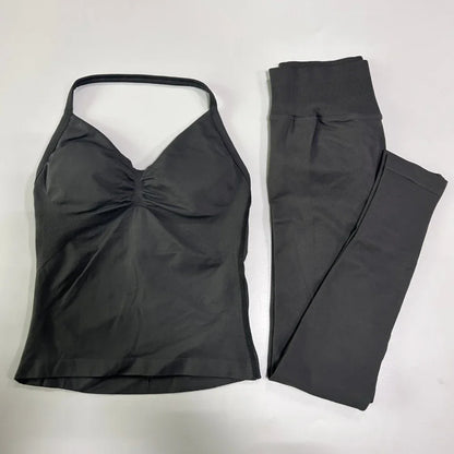 2 Pieces Sports Set Women Backless Tank Yoga Tops High Waist Scrunch Seamless Shorts Sport Gym Set Sportswear Workout Set