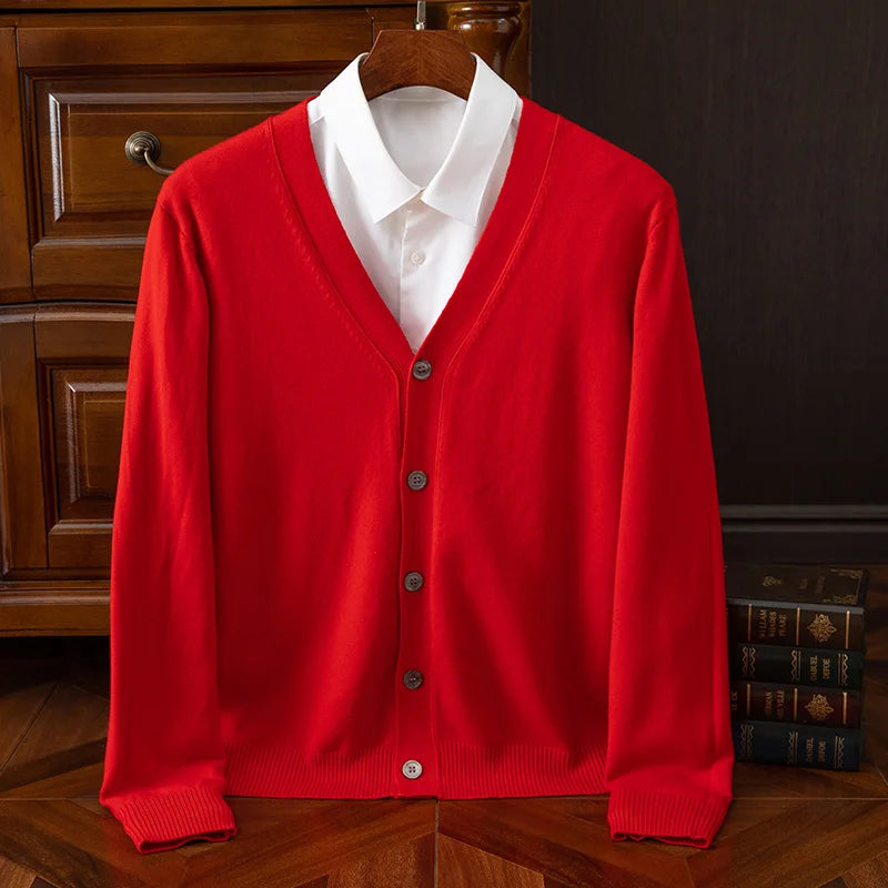 Autumn Winter V-neck Merino Wool Cardigan Men's Cashmere Knitwear Sweater Button Top Casual Basic Business Clothing Tops