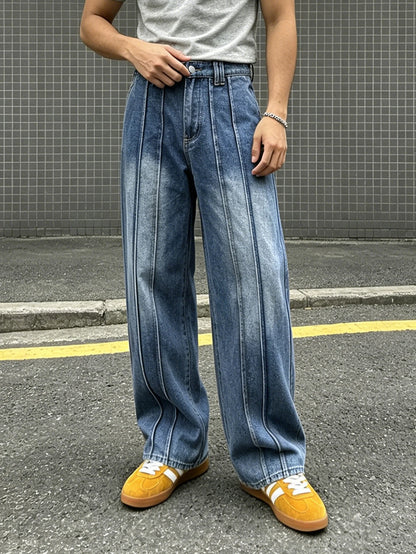 Men's vintage washed wide-leg jeans, vertical stripes, high-waist drape, floor-length trousers, outdoor casual and versatile