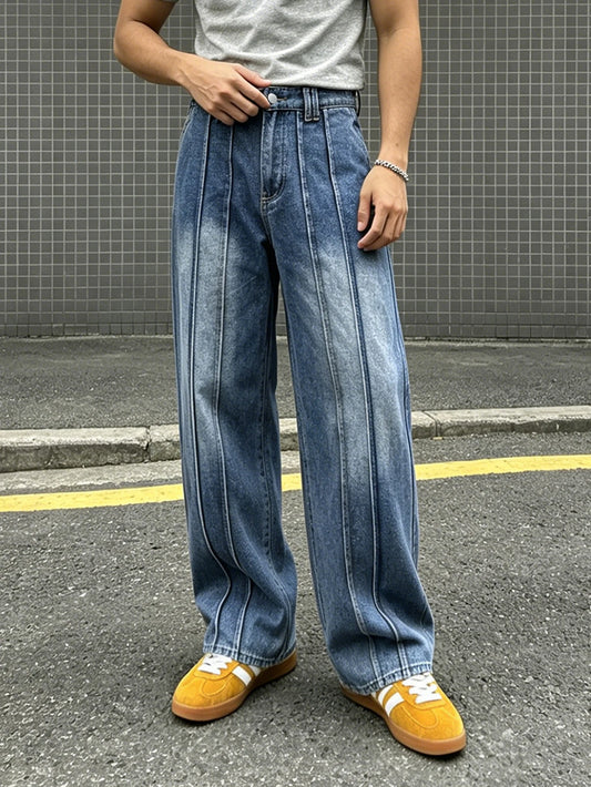 Men's vintage washed wide-leg jeans, vertical stripes, high-waist drape, floor-length trousers, outdoor casual and versatile