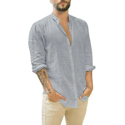 Men's 2026 Men's Linen Cardigan Solid Color Casual Stand-Up Collar Long Sleeve Shirt