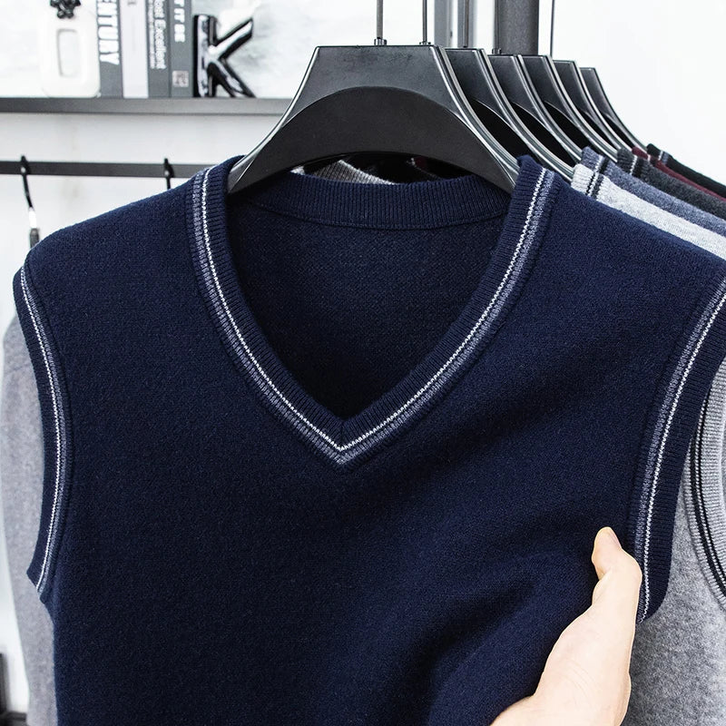 Autumn and Winter Solid Color Knitted V-neck Tank Top Men's Sleeveless Tank Top Warm Tank Top Middle Aged Shoulder Sweater