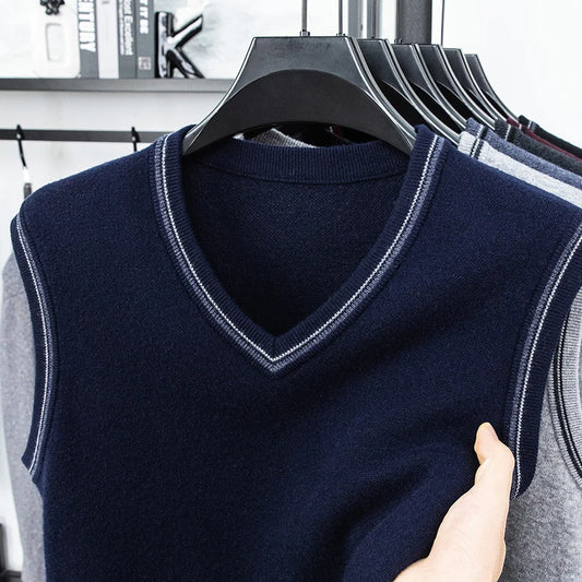 Autumn and Winter Solid Color Knitted V-neck Tank Top Men's Sleeveless Tank Top Warm Tank Top Middle Aged Shoulder Sweater