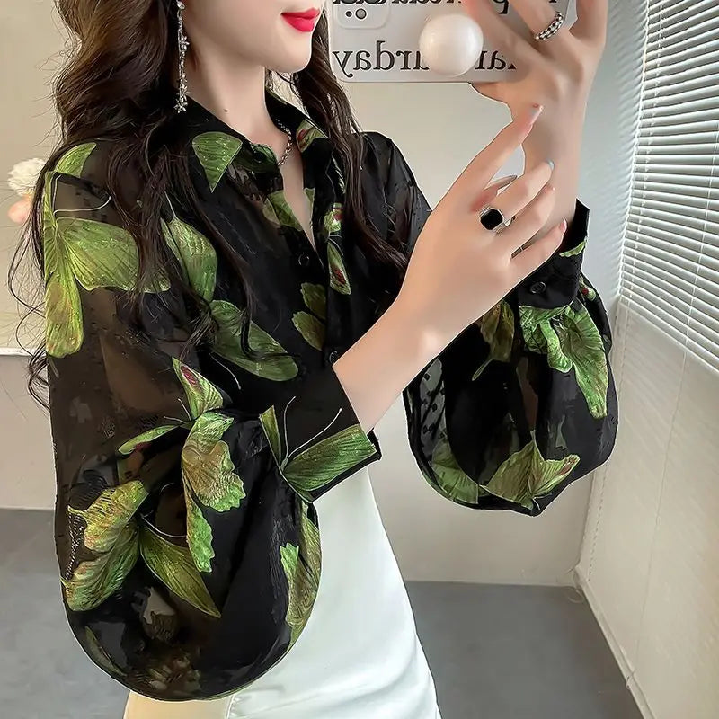 Elegant Ladylike  Print Loose Lantern Sleeve Chiffon Shirt  Collar Long Sleeve Regular Fit Commute Style Women's...