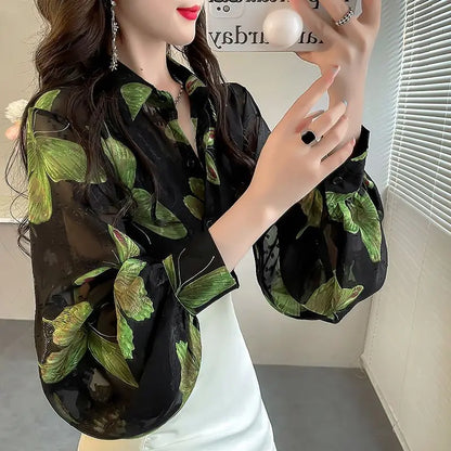 Elegant Ladylike  Print Loose Lantern Sleeve Chiffon Shirt  Collar Long Sleeve Regular Fit Commute Style Women's...