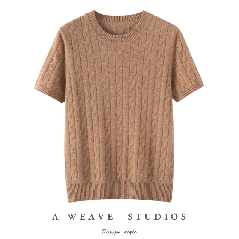 100% Pure Cashmere Fried Dough Twists Round Neck Solid Short Sleeve Women's High Quality Luxury Pullover Sweater Spring Autumn