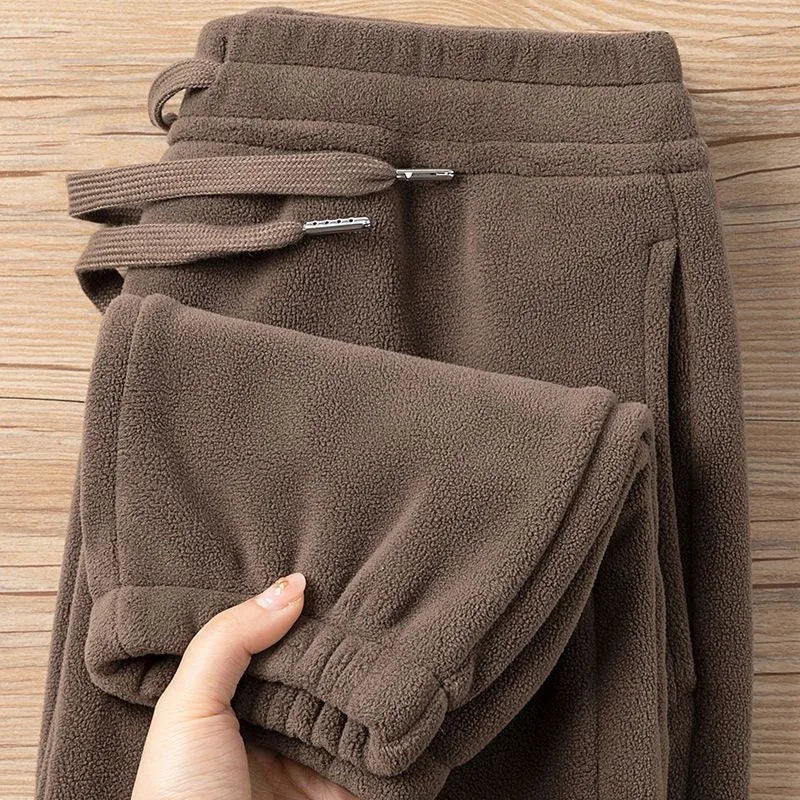 Men's Fleece Lined Trousers Winter Wearable Thickened Wear Resistant Cuffed Pants Youth Fashion Loose Fit High Waist Long Tro...