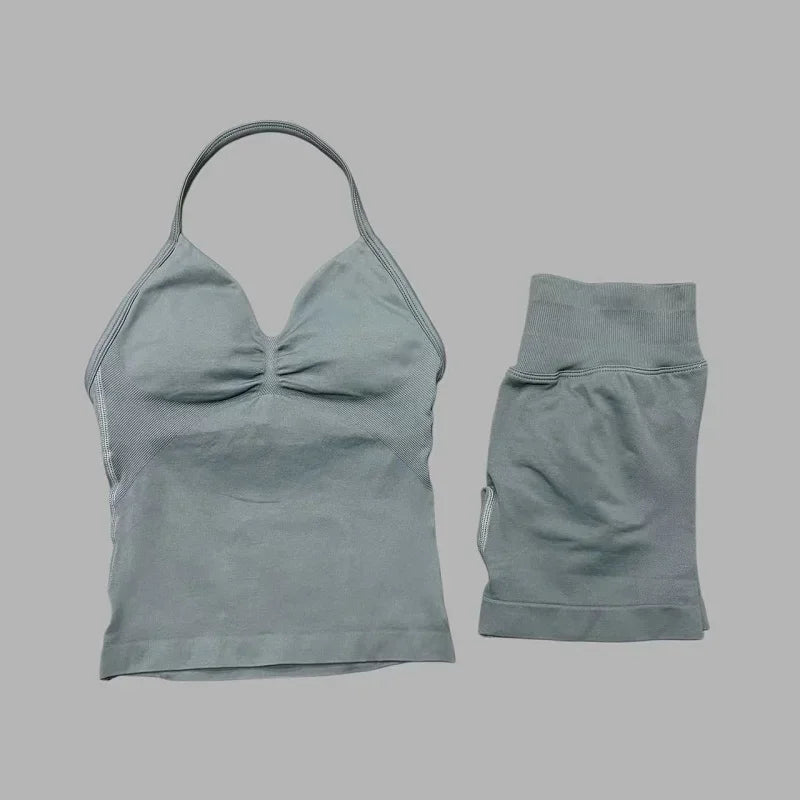 HISTELLO 2 Pieces Sports Set Women Yoga Longline Strap Top Scrunch Seamless Shorts Sport Gym Set Sportswear Workout Fitness Set