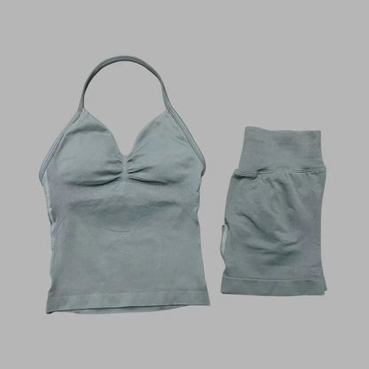 HISTELLO 2 Pieces Sports Set Women Yoga Longline Strap Top Scrunch Seamless Shorts Sport Gym Set Sportswear Workout Fitness Set