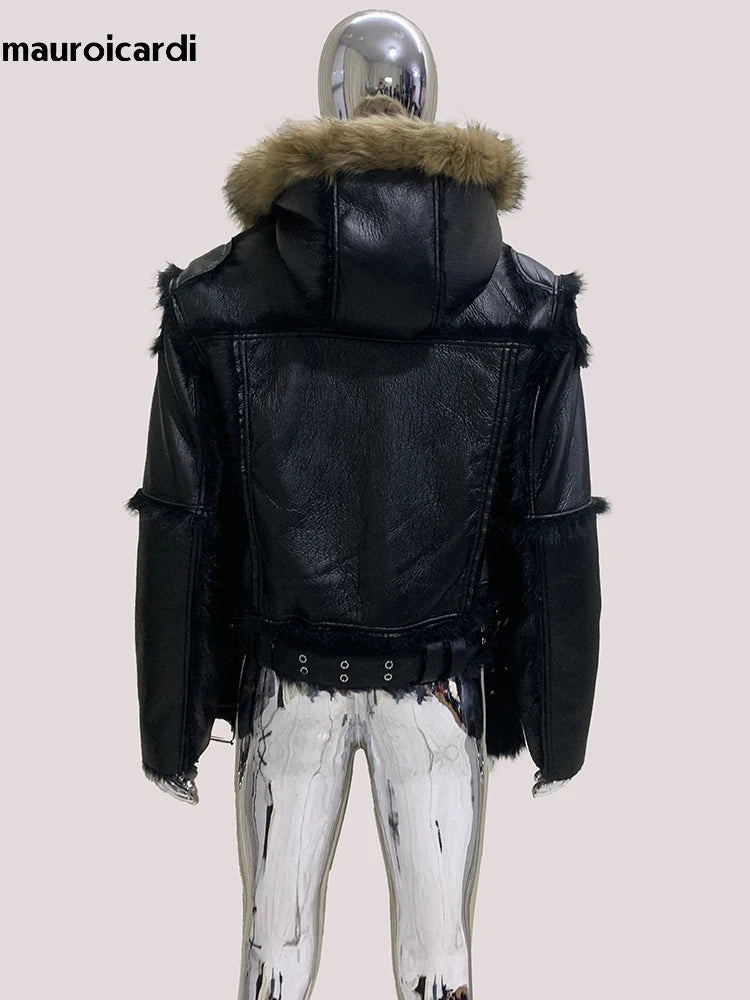 Mauroicardi Winter Cool Short Black Thickened Warm Hairy Soft Faux Sheepskin Coat with Hood Zipper Long Sleeve Fluffy Jacket