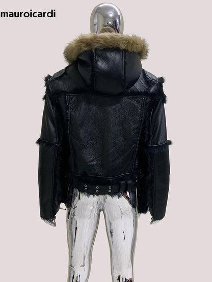 Mauroicardi Winter Cool Short Black Thickened Warm Hairy Soft Faux Sheepskin Coat with Hood Zipper Long Sleeve Fluffy Jacket