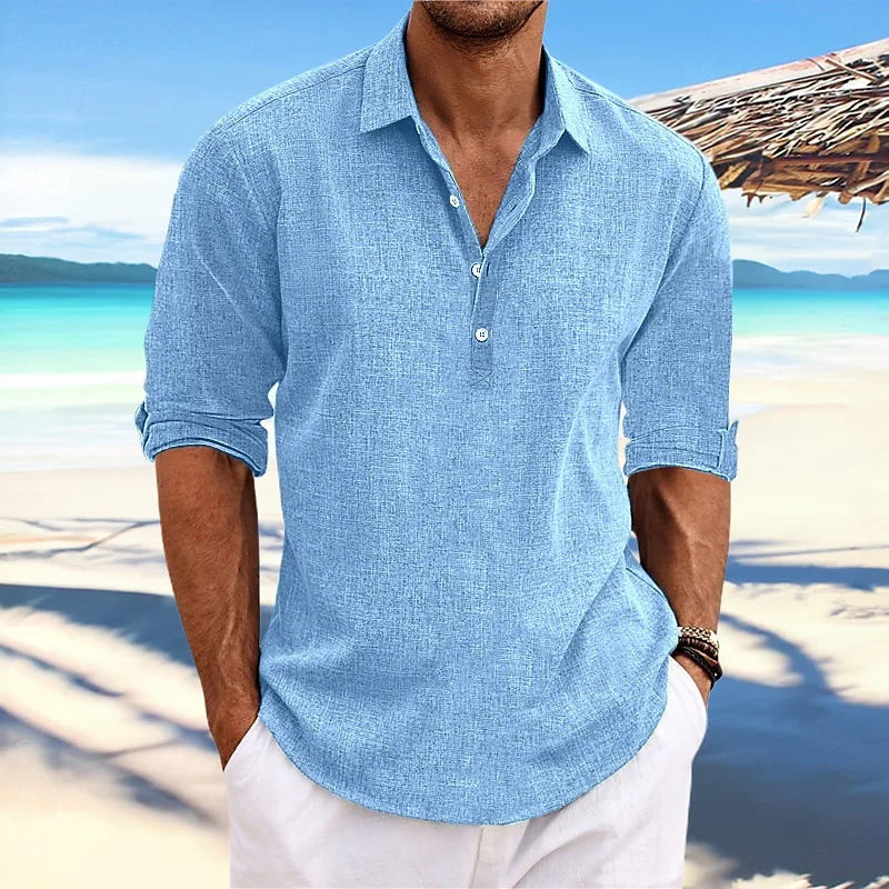 Men's Half Button Polo Shirt Short Sleeve Linen Look Casual Summer Top 2026