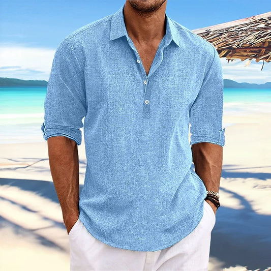 Men's Half Button Polo Shirt Short Sleeve Linen Look Casual Summer Top 2026