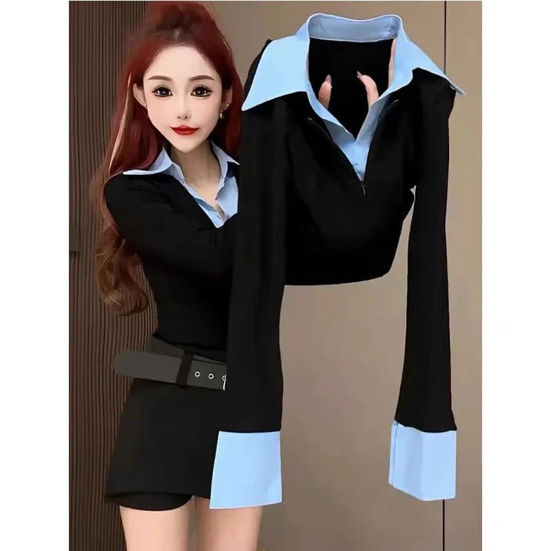 Spring Autumn 2026 Women's Slim Fit V Neck Bell Sleeve Shirt Color Block Waist Cinched False Two Piece Style Fashionable Offi...