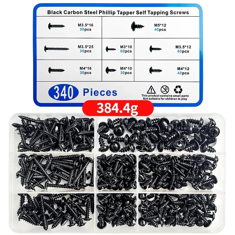340PCS Assorted Screw Kit Black Carbon Steel Phillips Tapper Screws Set for DIY Furniture Wood Working Repair Fasteners Tool