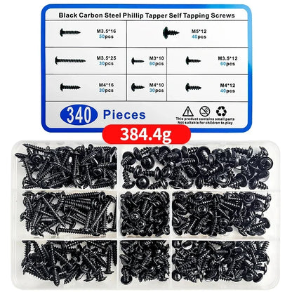 340PCS Assorted Screw Kit Black Carbon Steel Phillips Tapper Screws Set for DIY Furniture Wood Working Repair Fasteners Tool