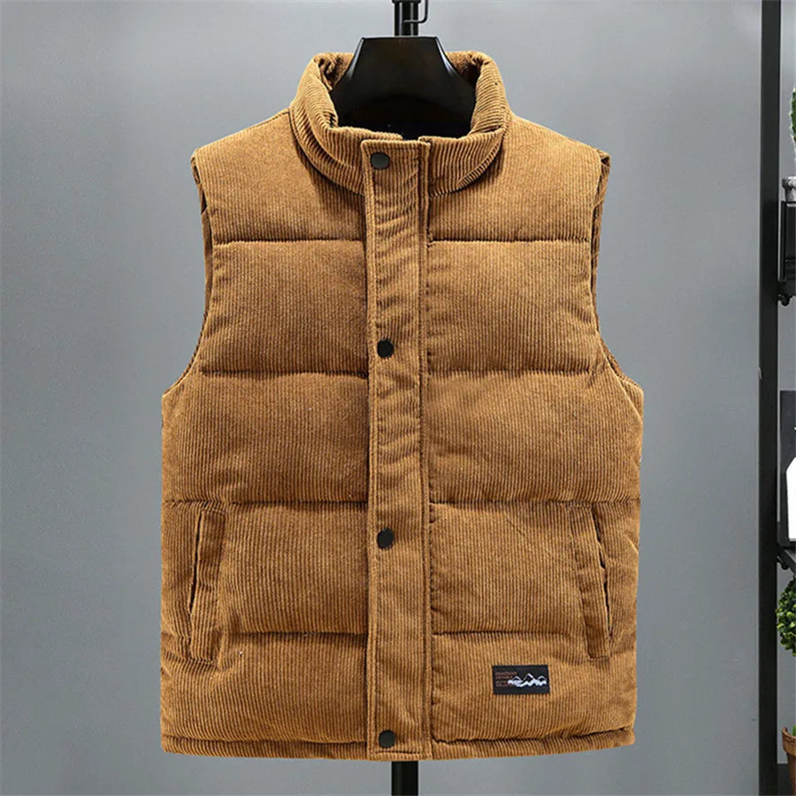 2025 New Vest Jacket Men's Autumn Winter Warm Coat Stand Collar Padded Waistcoat Corduroy Work Wear Male Clothes M-5XL