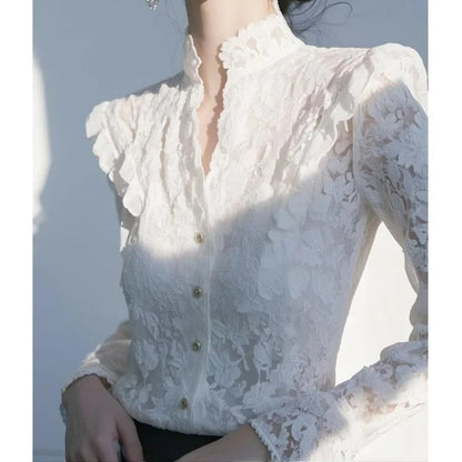 Elegant White Lace Shirt Luxury Feel Spring 2026 New Style Women's Premium Quality Long Sleeve Polyester Fiber Fashionable