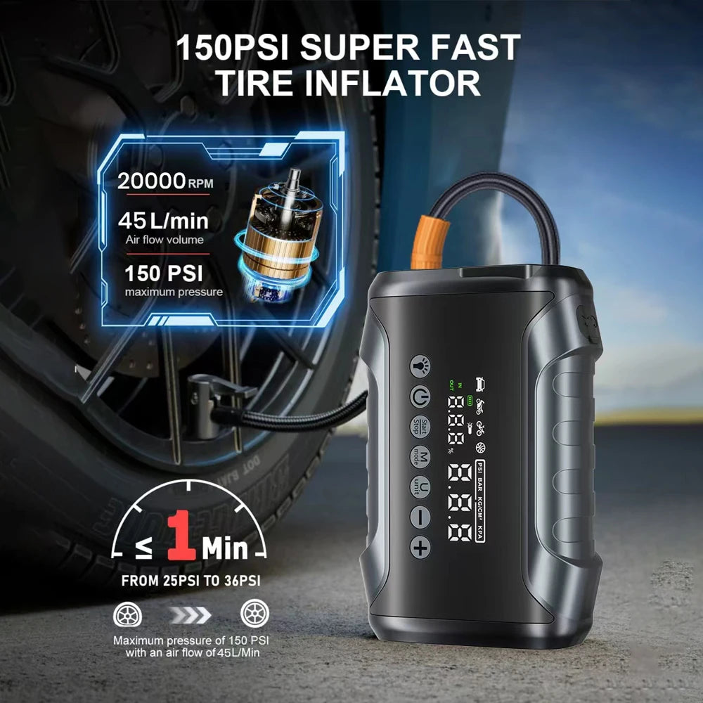6-IN-1 Car Jump Starter with Air Compressor Peak 5000A Auto Battery Booster 150PSI Air Pump Portable Power Bank Tire Inflator