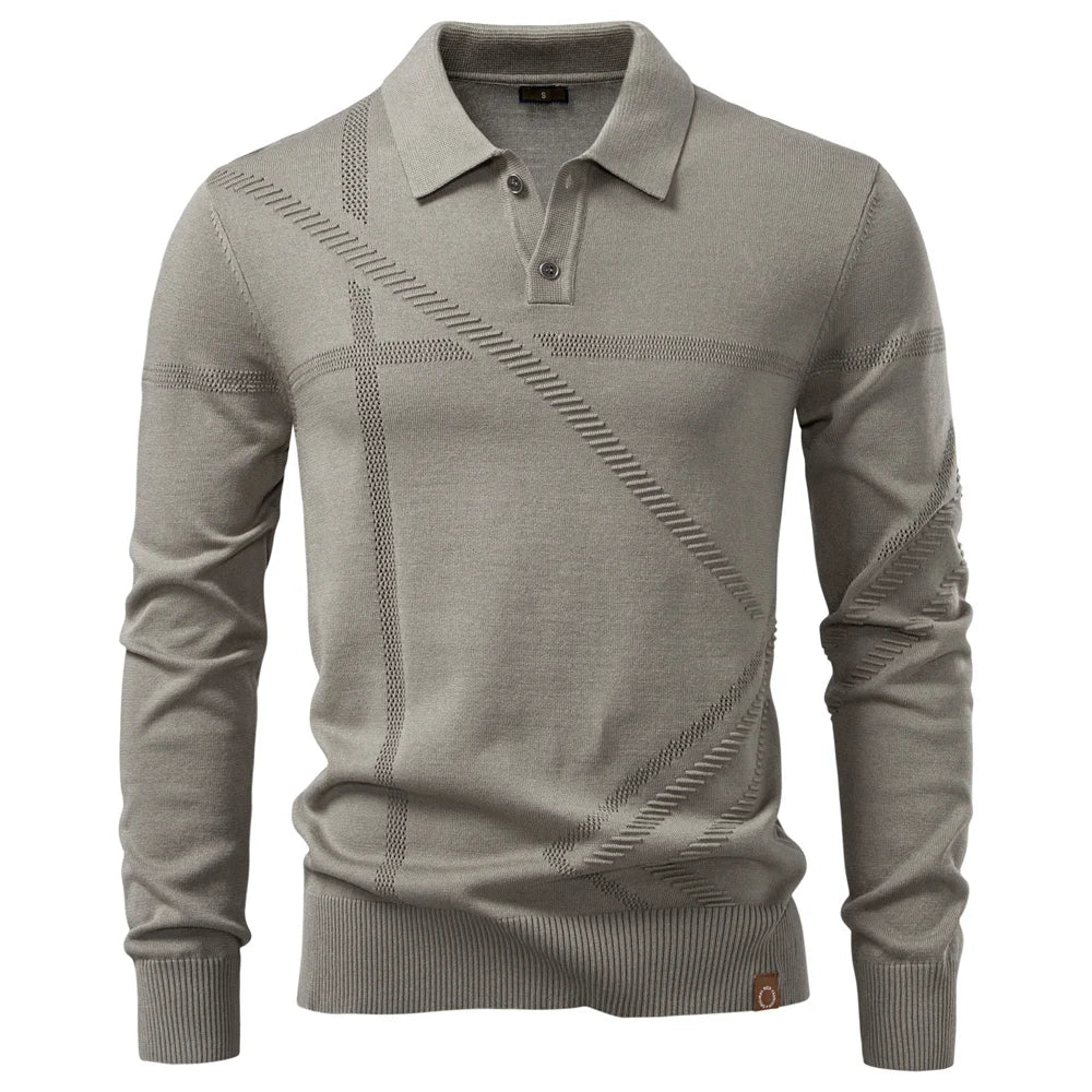 AIOPESON Men's Slim Fit Long Sleeve Polo Shirt Autumn Winter Thermal Comfort Fashion Stripe Solid Color Button up Polo Tops